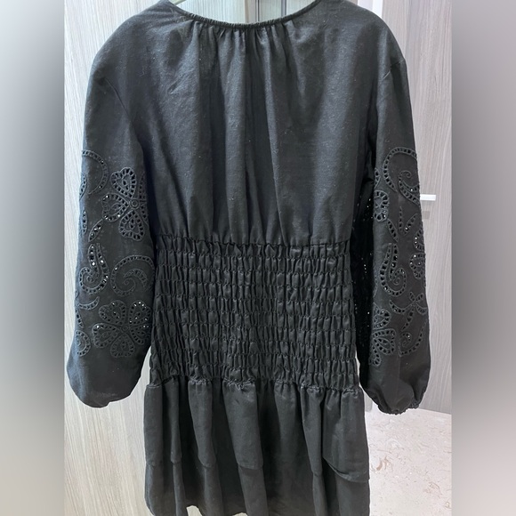 NEW! cotton linen smocked mini dress embroidered cut out arms XS - Picture 9 of 12